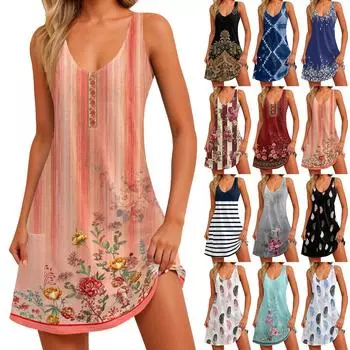 Женский повседневный сарафан с карманами, летнее пляжное платье в стиле бохо, блузки с принтом для женщин, футболки, платье с v-образным вырезом, свободные платья-майки XXXL красный