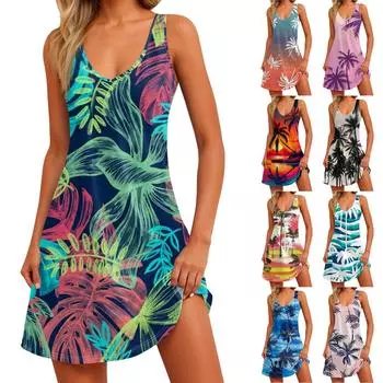 Женский повседневный сарафан с карманами, летнее пляжное платье в стиле бохо, блузки с цветочным принтом для женщин, футболки, платье с v-образным вырезом, свободные платья-майки M