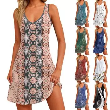 Женский повседневный сарафан с карманами, летнее пляжное платье в стиле бохо, блузки с цветочным принтом для женщин, футболки, платье с v-образным вырезом, свободные платья-майки XXXL