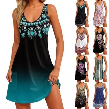 Женский повседневный сарафан с карманами, летнее пляжное платье в стиле бохо, блузки с цветочным принтом для женщин, футболки, платье с v-образным вырезом, свободные платья-майки M розовый