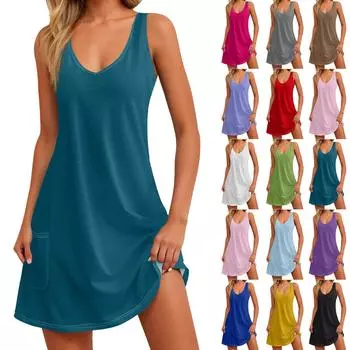 Женский повседневный сарафан с карманами, летнее пляжное платье в стиле бохо, футболки, платье с V-образным вырезом, свободные платья-майки XL