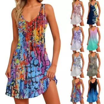 Женский повседневный сарафан с карманами, летнее пляжное платье в стиле бохо, блузки с цветочным принтом для женщин, футболки, платье с v-образным вырезом, свободные платья-майки XXL