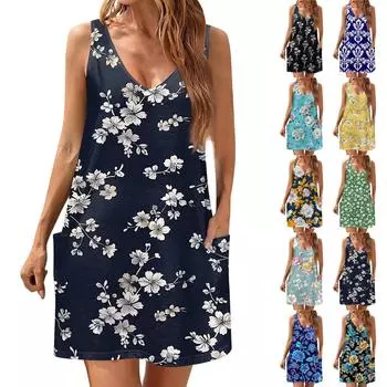 Женский повседневный сарафан с карманами, летнее пляжное платье в стиле бохо, блузки с цветочным принтом для женщин, футболки, платье с v-образным вырезом, свободные платья-майки L чёрный
