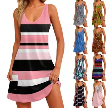 Женский повседневный сарафан с карманами, летнее пляжное платье в стиле бохо, блузки с цветочным принтом для женщин, футболки, платье с v-образным вырезом, свободные платья-майки M