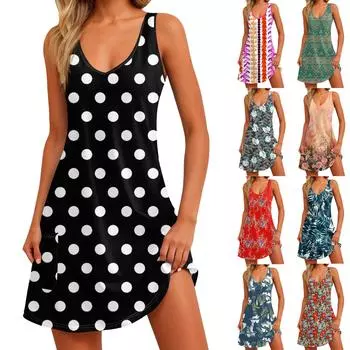 Женский повседневный сарафан с карманами, летнее пляжное платье в стиле бохо, блузки с цветочным принтом для женщин, футболки, платье с v-образным вырезом, свободные платья-майки S синий