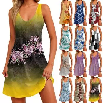 Женский повседневный сарафан с карманами, летнее пляжное платье в стиле бохо, блузки с принтом для женщин, футболки, платье с v-образным вырезом, свободные платья-майки XXXL циан