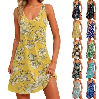 Женский повседневный сарафан с карманами, летнее пляжное платье в стиле бохо, блузки с цветочным принтом для женщин, футболки, платье с v-образным вырезом, свободные платья-майки XXL