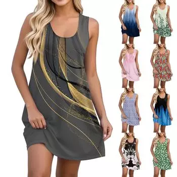 Женский повседневный сарафан с карманами, летнее пляжное платье в стиле бохо, футболки, платья с U-образным вырезом, свободные платья-майки L чёрный