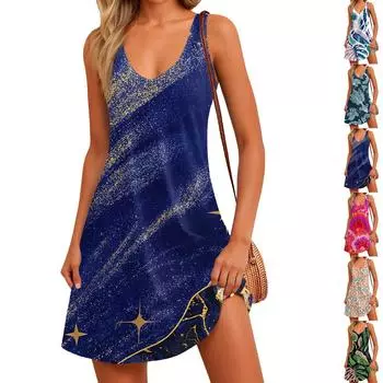 Женский повседневный сарафан с карманами, летнее пляжное платье в стиле бохо, блузки с принтом для женщин, футболки, платье с v-образным вырезом, свободные платья-майки L синий