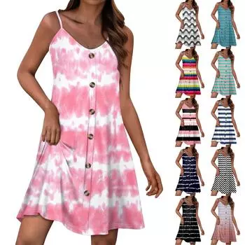 Женский повседневный сарафан с карманами, летнее пляжное платье в стиле бохо, футболки, платья с V-образным вырезом, на пуговицах, свободные платья-майки L чёрный