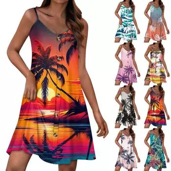 Женский повседневный сарафан с карманами, летнее пляжное платье в стиле бохо, футболки, платья с V-образным вырезом, на пуговицах, свободные платья-майки L