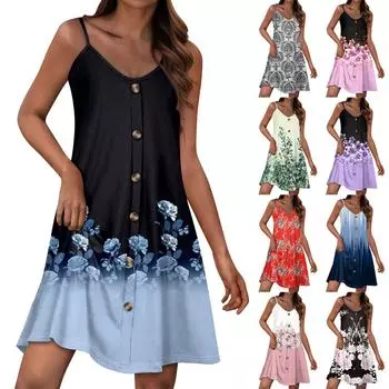 Женский повседневный сарафан с карманами, летнее пляжное платье в стиле бохо, футболки, платья с V-образным вырезом, на пуговицах, свободные платья-майки L темно-синий