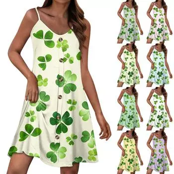 Женский повседневный сарафан с карманами, летнее пляжное платье в стиле бохо, футболки, платья с V-образным вырезом, на пуговицах, свободные платья-майки L зелёный