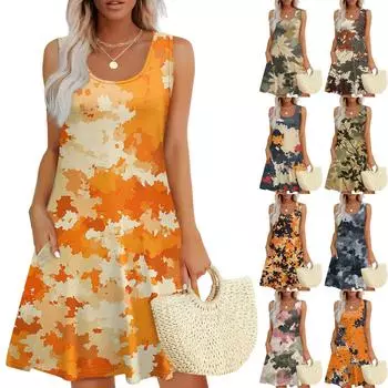 Женский повседневный сарафан с карманами, летнее пляжное платье в стиле бохо, праздничные платья для женщин, футболки, платья с U-образным вырезом, свободные платья-майки L армия зеленый