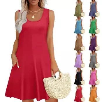 Женский повседневный сарафан с карманами, летнее пляжное платье в стиле бохо, праздничные платья для женщин, футболки, платья с U-образным вырезом, свободные платья-майки L армия зеленый