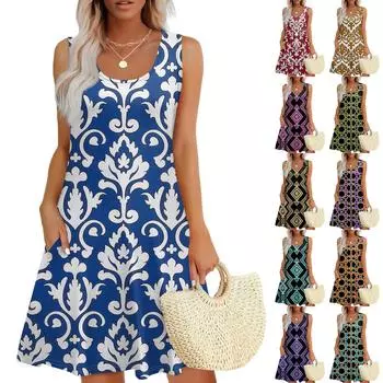 Женский повседневный сарафан с карманами, летнее пляжное платье в стиле бохо, праздничные платья для женщин, футболки, платья с U-образным вырезом, свободные платья-майки S