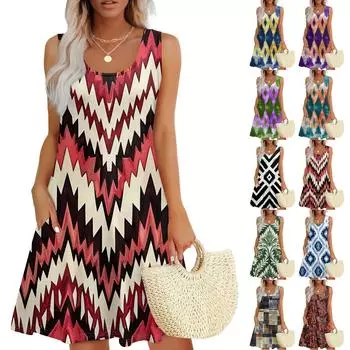 Женский повседневный сарафан с карманами, летнее пляжное платье в стиле бохо, праздничные платья для женщин, футболки, платья с U-образным вырезом, свободные платья-майки XXL винный