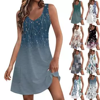 Женский повседневный сарафан с карманами, летнее пляжное платье в стиле бохо, футболки, платье с V-образным вырезом, свободные платья-майки L чёрный