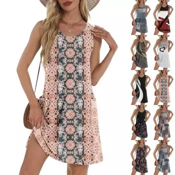 Женский повседневный сарафан с карманами, летнее пляжное платье в стиле бохо, футболки, платье с V-образным вырезом, свободные платья-майки L