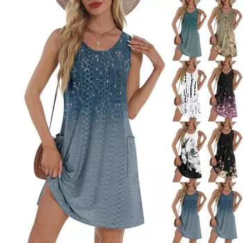 Женский повседневный сарафан с карманами, летнее пляжное платье в стиле бохо, футболки, платье с V-образным вырезом, свободные платья-майки L чёрный