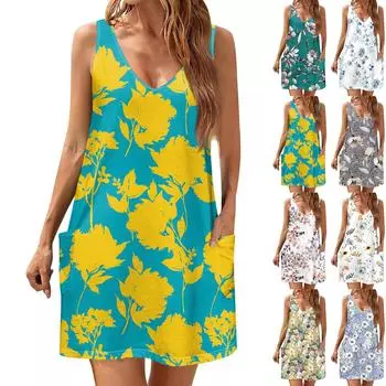 Женский повседневный сарафан с карманами, летнее пляжное платье в стиле бохо, блузки с цветочным принтом для женщин, футболки, платье с v-образным вырезом, свободные платья-майки L темно-зеленого