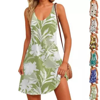Женский повседневный сарафан с карманами, летнее пляжное платье в стиле бохо, блузки с принтом для женщин, футболки, платье с v-образным вырезом, свободные платья-майки XXL зелёный