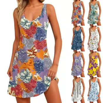 Женский повседневный сарафан с карманами, летнее пляжное платье в стиле бохо, блузки с цветочным принтом для женщин, футболки, платье с v-образным вырезом, свободные платья-майки S жёлтый