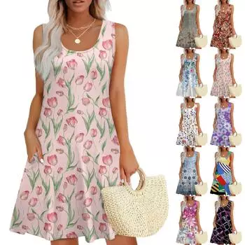 Женский повседневный сарафан с карманами, летнее пляжное платье в стиле бохо, праздничные платья для женщин, футболки, платья с U-образным вырезом, свободные платья-майки M белый