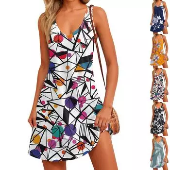 Женский повседневный сарафан с карманами, летнее пляжное платье в стиле бохо, блузки с принтом для женщин, футболки, платье с v-образным вырезом, свободные платья-майки L