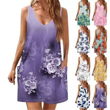 Женский повседневный сарафан с карманами, летнее пляжное платье в стиле бохо, блузки с цветочным принтом для женщин, футболки, платье с v-образным вырезом, свободные платья-майки XL светло-фиолетовый