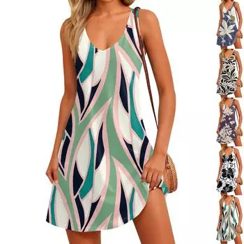 Женский повседневный сарафан с карманами, летнее пляжное платье в стиле бохо, блузки с принтом для женщин, футболки, платье с v-образным вырезом, свободные платья-майки XL
