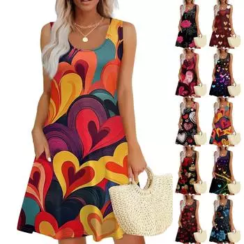Женский повседневный сарафан с карманами, летнее пляжное платье в стиле бохо, праздничные платья для женщин, футболки, платья с U-образным вырезом, свободные платья-майки XL