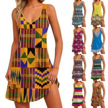 Женский повседневный сарафан с карманами, летнее пляжное платье в стиле бохо, блузки с цветочным принтом для женщин, футболки, платье с v-образным вырезом, свободные платья-майки M