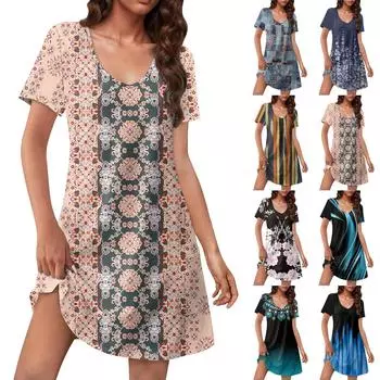 Женский повседневный сарафан с карманами, летнее пляжное платье в стиле бохо, цветочные блузки для женщин, футболки, платья с V-образным вырезом, свободные платья L синий