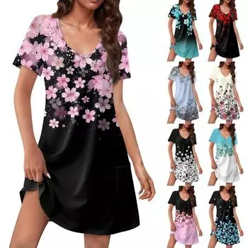 Женский повседневный сарафан с карманами, летнее пляжное платье в стиле бохо, цветочные блузки для женщин, футболки, платья с V-образным вырезом, свободные платья XXXL розовый