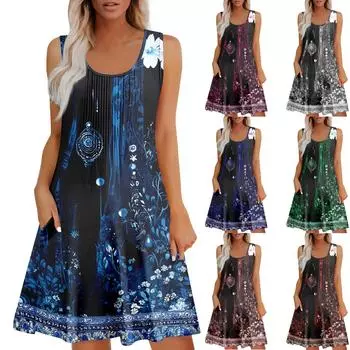 Женский повседневный сарафан с карманами, летнее пляжное платье в стиле бохо, праздничные платья для женщин, платья-майки L синий