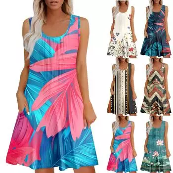 Женский повседневный сарафан с карманами, летнее пляжное платье в стиле бохо, праздничное платье для женщин, платья-майки L синий