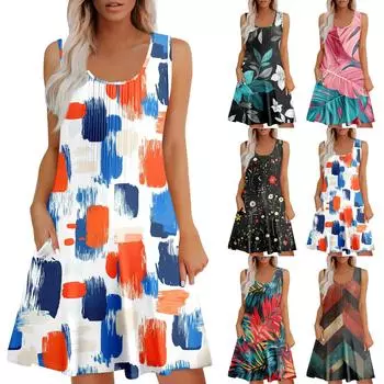 Женский повседневный сарафан с карманами, летнее пляжное платье в стиле бохо, праздничные платья для женщин, платья-майки L синий