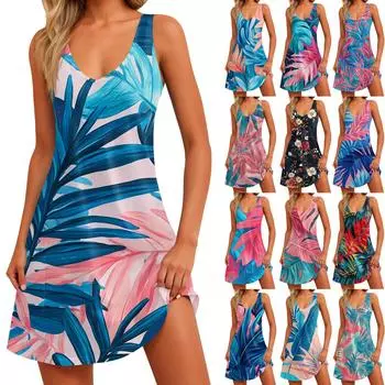 Женский повседневный сарафан с карманами, летнее пляжное платье в стиле бохо, блузки с цветочным принтом для женщин, футболки, платье с v-образным вырезом, свободные платья-майки S чёрный