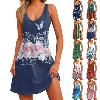 Женский повседневный сарафан с карманами, летнее пляжное платье в стиле бохо, блузки с цветочным принтом для женщин, футболки, платье с v-образным вырезом, свободные платья-майки M розовый