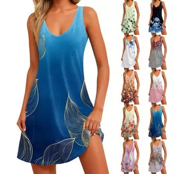 Женский повседневный сарафан с карманами, летнее пляжное платье в стиле бохо, блузки с цветочным принтом для женщин, футболки, платье с v-образным вырезом, свободные платья-майки L жёлтый