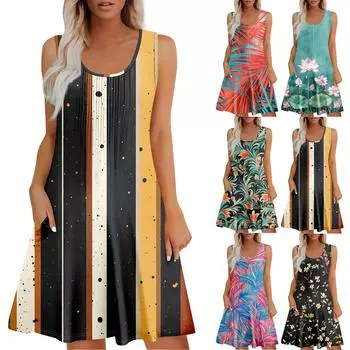 Женский повседневный сарафан с карманами, летнее пляжное платье в стиле бохо, праздничное платье для женщин, платья-майки L зелёный