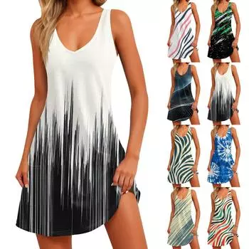 Женский повседневный сарафан с карманами, летнее пляжное платье в стиле бохо, блузки с цветочным принтом для женщин, футболки, платье с v-образным вырезом, свободные платья-майки L белый