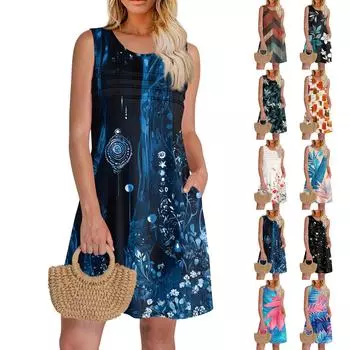 Женский повседневный сарафан с карманами, летнее пляжное платье в стиле бохо, праздничные платья для женщин, платья-майки L синий