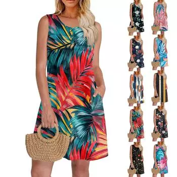 Женский повседневный сарафан с карманами, летнее пляжное платье в стиле бохо, праздничные платья для женщин, платья-майки L синий