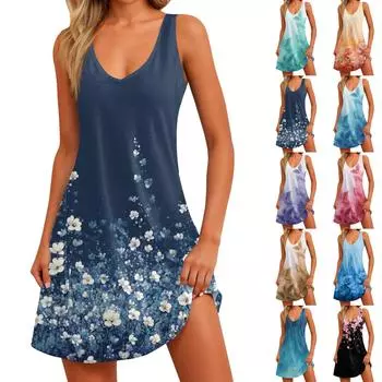 Женский повседневный сарафан с карманами, летнее пляжное платье в стиле бохо, блузки с цветочным принтом для женщин, футболки, платье с v-образным вырезом, свободные платья-майки M чёрный
