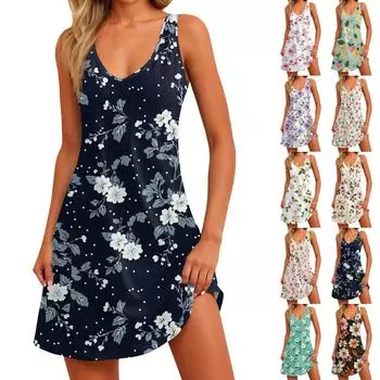 Женский повседневный сарафан с карманами, летнее пляжное платье в стиле бохо, блузки с цветочным принтом для женщин, футболки, платье с v-образным вырезом, свободные платья-майки L