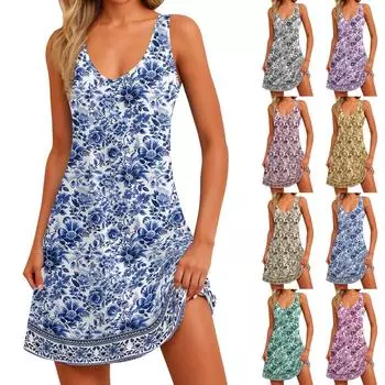 Женский повседневный сарафан с карманами, летнее пляжное платье в стиле бохо, блузки с цветочным принтом для женщин, футболки, платье с v-образным вырезом, свободные платья-майки M синий