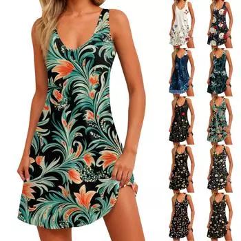 Женский повседневный сарафан с карманами, летнее пляжное платье в стиле бохо, блузки с цветочным принтом для женщин, футболки, платье с v-образным вырезом, свободные платья-майки L чёрный