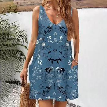 Женский повседневный сарафан с карманами, летнее пляжное платье в стиле бохо, блузки с цветочным принтом для женщин, футболки, платье с v-образным вырезом, свободные платья-майки S светло-серый